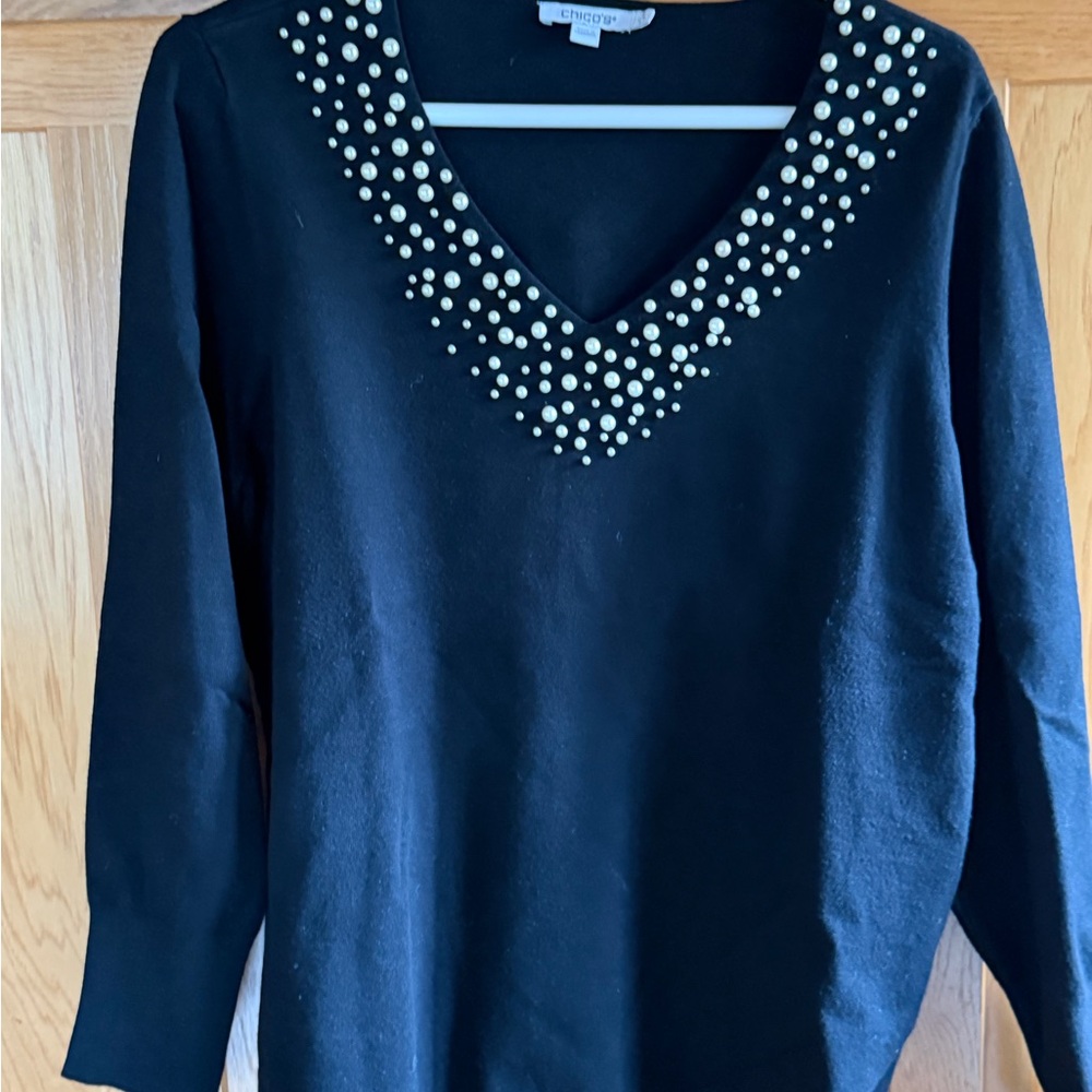 Chico's Black Knit Top with Beaded Neckline